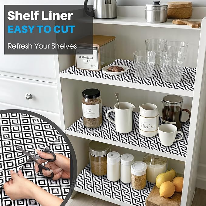 Coavas Extra Grip Thickened Shelf and Drawer Liner - Non-Adhesive Non-Slip Waterproof Mats for Kitchen Cabinets, Drawers, Shelves, Dresser & Cupboard, Easy Cut DIY (Black Rhombic, 12IN x 10FT)