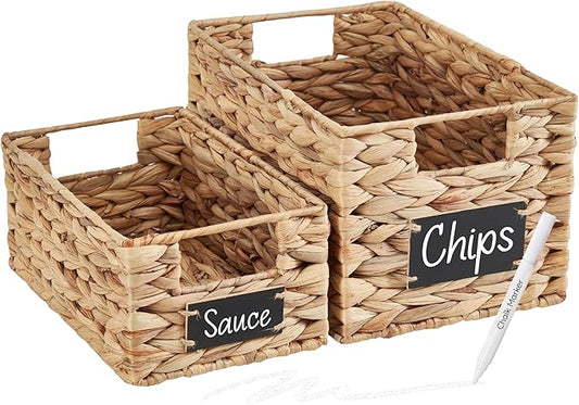DECOMOMO Wicker Storage Baskets, Handwoven Pantry Baskets, Water Hyacinth Storage Baskets w/Chalkboard and Marker (Natural, Set of 2)