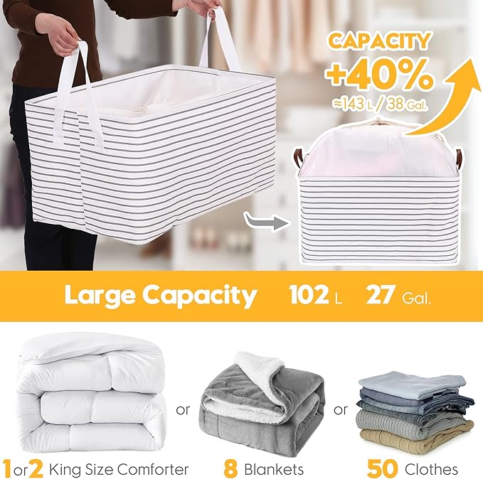 Hinwo 102L XXL Storage Bins, 4-Pack Closet Organizers and Storage, Foldable Clothes Storage Baskets with Handles, Containers for Clothing, Blanket, Comforters, Toys, Bedding (Black Stripe)