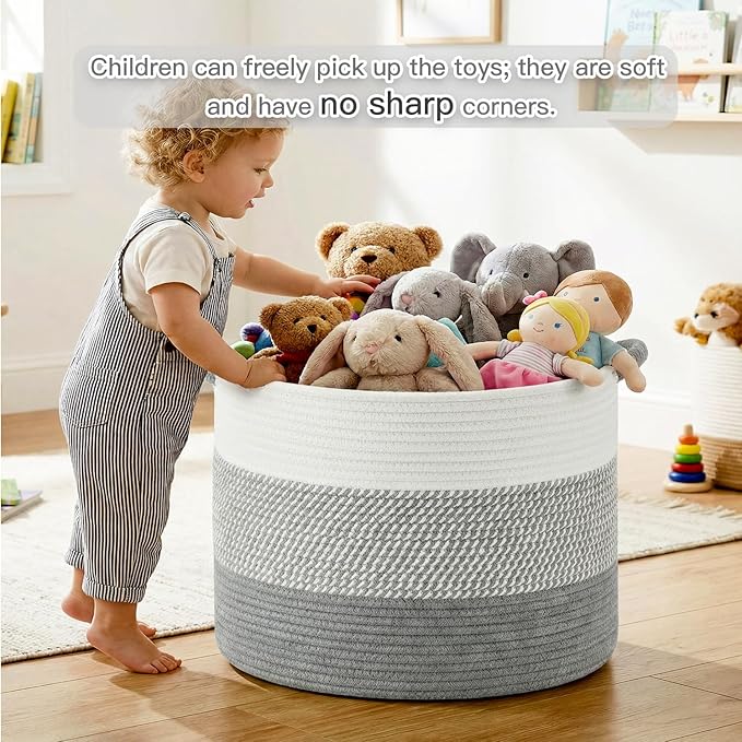 100L Large Cotton Rope Basket, Decorative Woven Blanket Storage for Living Room, Boho Toy Storage & Toy Box for Kids, Versatile Laundry Basket & Nursery Hamper for Blankets(Grey)