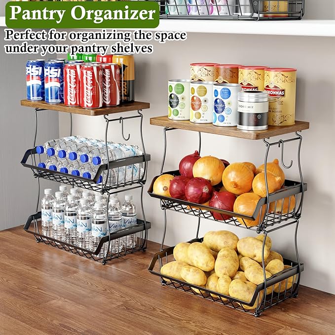 3-Tier Fruit Basket for Kitchen Counter with Banana Hangers, Countertop Organizer Fruit Bowls with Wood Top, Fruit Storage Basket Stand for Storage Potato Onion Bread Snack Fruit Veggie