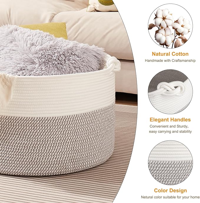 Large Blanket Storage Basket for Living Room, 22.8" x 22.8" x 13" Woven Cotton Rope Basket with Handles, Baby Toy Storage, Laundry Hamper for Clothes, Pillows, Towels-Grey and White
