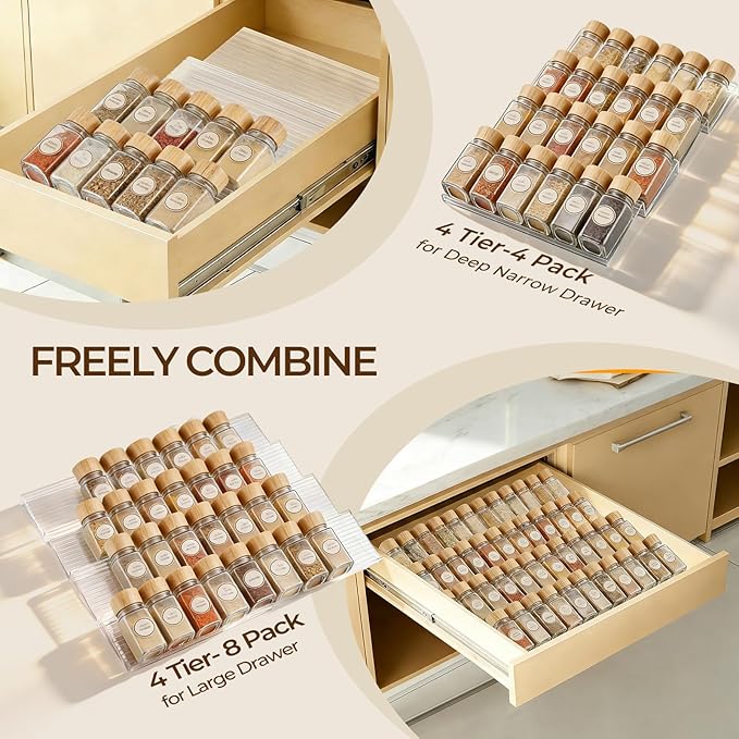Acrylic Spice Drawer Organizer 4 Tier(8 Packs),Expandable from 11" to 22" Seasoning Organizer Tray for Kitchen - Clear Tiered Spice Rack for Drawer, No Assembly Required(Jars Not Included)