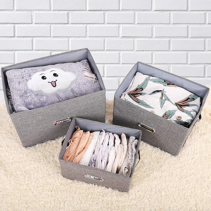 Large Linen Fabric Foldable Storage Bins with Removable Lid and Handles, Washable Storage Box Organizer Containers Baskets Cube with Cover for Bedroom,Office(Cream, Medium)