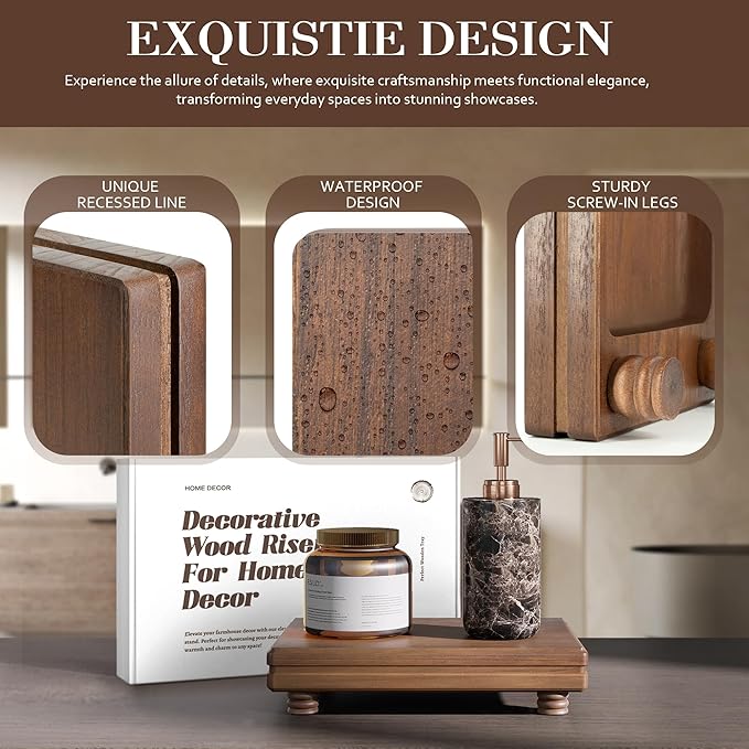 EOSAHR Decorative Tray Pedestal Stand for Home and Kitchen â Farmhouse Bathroom Counter Organizer & Soap Holder for Bathroom Decor - Wooden Tray to Elevate Home Decor (Brown)