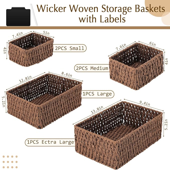 Marsui 6 Pcs Wicker Storage Baskets with Labels Handwoven Paper Rope Multi-size Brown Wicker Storage Bins for Organizing Small Baskets Container for Shelves Closet Pantry Toilet(Brown)