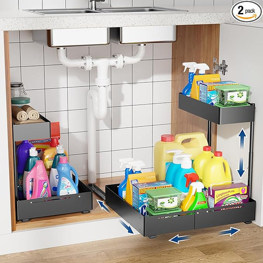 Insputer 2 Pack Under Sink Organizer, 2 Tier Under Cabinet Storage Expandable Width 9.8"-15" & Height Adjustable, Thickened Pull Out Shelf for Bathroom, Kitchen, Laundry, Pantry(Black)