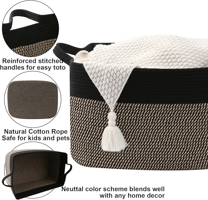 Magazine & Newspaper Baskets,65L Large Woven Rope Blanket Basket,21"x16"x12"Storage Bin with Handle,Toys Storage,Laundry Basket for Home Organization/Living Room/Nursery/Bedroom.Black&Jute