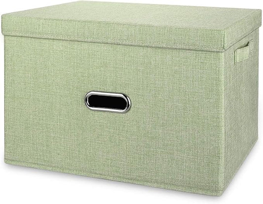 Large Linen Fabric Foldable Storage Bins with Removable Lid and Handles, Washable Storage Box Organizer Containers Baskets Cube with Cover for Bedroom,Closet,Office (Green, Extra Large)