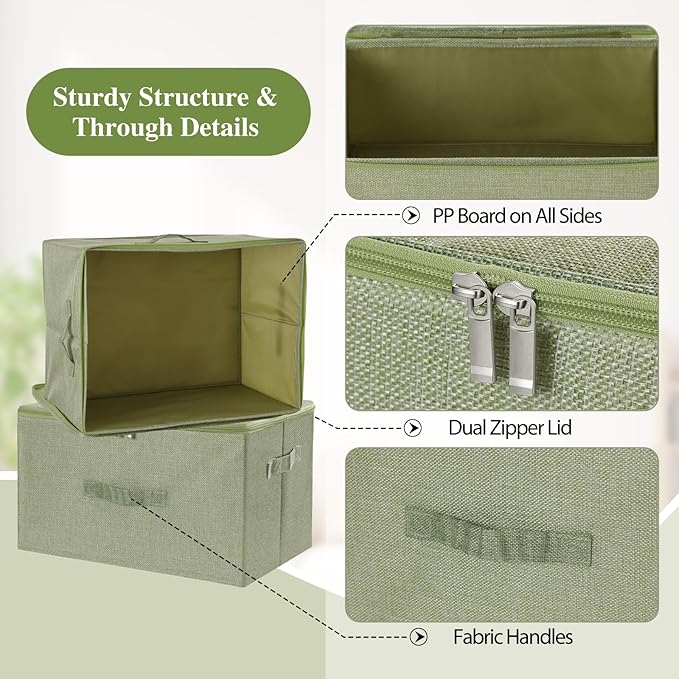 ANMINY 2PCS Storage Bins with Zipper Lids 36 Qt Lidded Fabric Storage Boxes Baskets Cubes with Handles Collapsible Washable Cotton Linen Closet Shelf Clothes Organizer Containers - Green, Large