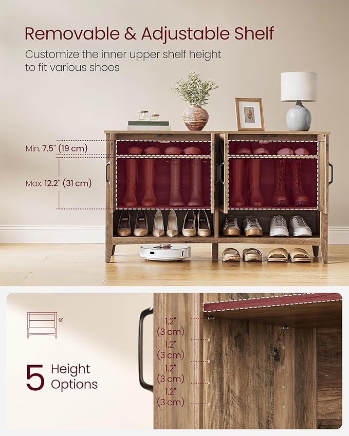 VASAGLE LIRY Collection - Shoe Cabinet, 3-Tier Storage Organizer, Shoe Shelf, Farmhouse Freestanding Cabinet, Height-Adjustable Shelf, 13.8 x 47.2 x 27.6 Inches, Honey Brown ULBC039B01