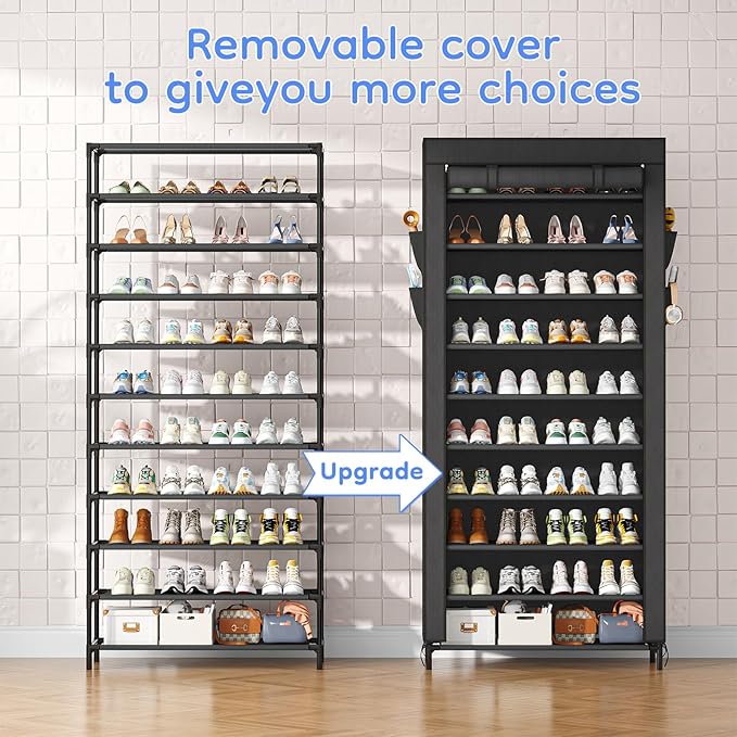 Simple Trending Tall Shoe Rack Organizer Holds 40 Pairs, 10 Tier Large Capacity Shoe Cabinet Storage with Cover for Closet, Black