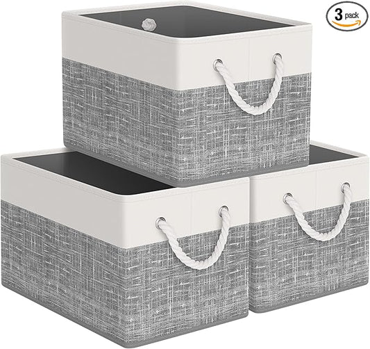 Storage Bin,Collapsible Storage Basket For Organizing,Large Storage Boxes With Rope Handles,Storage Containers,White & Grey,3 Pack