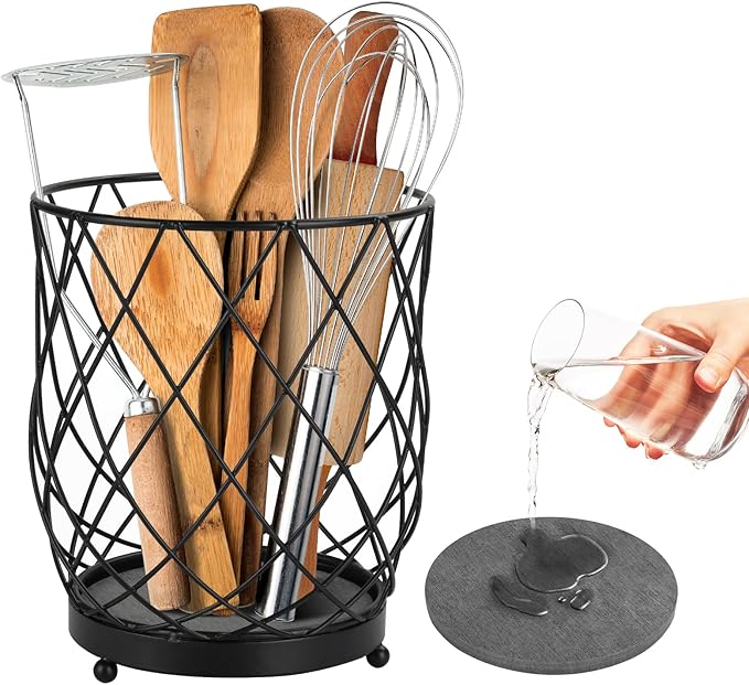 MACEVIA Utensil Holder for Kitchen Counter, Large Black Metal Organizer with Diatomaceous Earth Base, 6.3" x 5" x 7.5", Countertop Storage for Spoons, Spatulas and Cooking Utensils