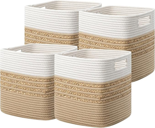 UBBCARE Set of 4 Storage Cubes 11 X 10.5 X 10.5 in, Water Hyacinth Storage Bins for Shelves, Toys, Book, Storage Baskets with Handles, Cotton Rope Woven Baskets for Organizing, Brown