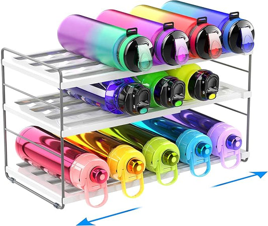 YAN & HIN Expandable Water Bottle Organizer for Cabinet, 3-Tier Tumbler & Bottle Holder, Adjustable Shelf Storage Rack for Kitchen Cabinet, Pantry & Countertop
