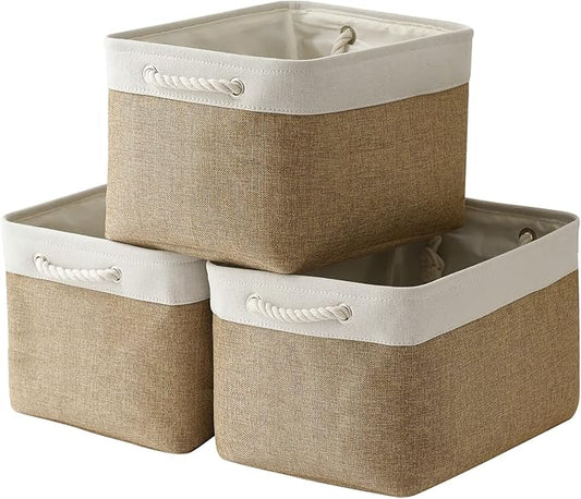 TheWarmHome Organization and Storage Basket for Gifts Empty - 16x12x12 inch Cube Storage bin 3 Pack Fabric Storage Cubes, Collapsible Baskets for Organizer Closet Cloth Gift Toy (White & Khaki)