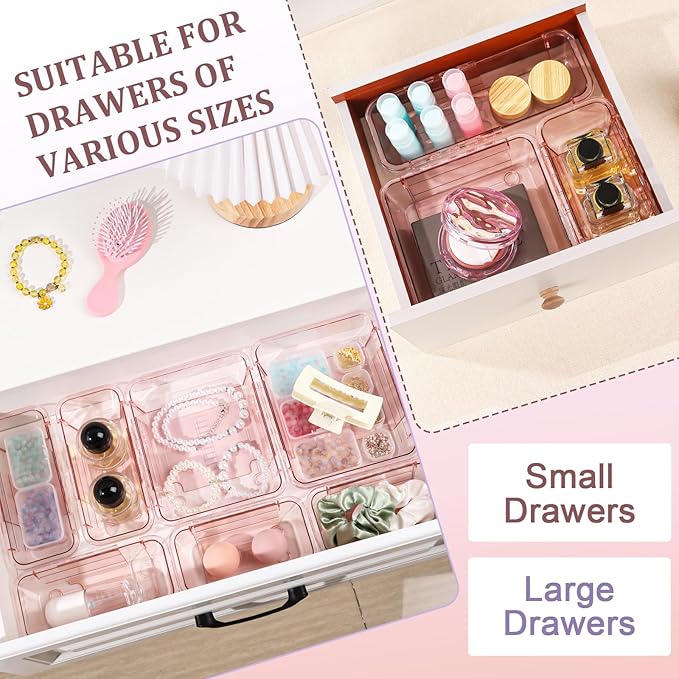 20 Pcs Adjustable Clear Drawer Organizer, All Extendable Vanity Storage Bins, Desk Drawer Organizer Set for Makeup, Cosmetics, Bedroom, and Gadgets, Pink