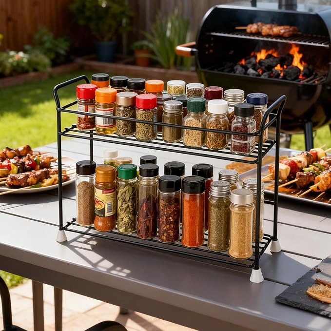 2 Tier Spice Rack Organizer for Countertop Sturdy Metal Standing Spice Storage Shelf Rack Seasoning Organizer Holder for Home Kitchen Cabinet Bathroom Bedroom Pantry Vanity Black