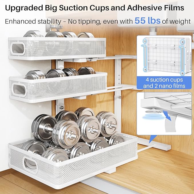 HERJOY Under Sink Organizer, 1-Pack 3-Tier Height Adjustable Thickened Metal Pull out Cabinet Organizer Shelf, Slide out Storage Drawer Rack for Bathroom Kitchen Pantry Home Laundry Organization
