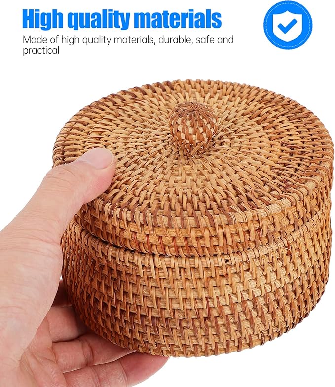 STOBAZA Vintage Rattan Storage Box with Lid Small Woven Basket 5.59X5.51X3.07 Inch for Desktop Organization Kitchen Bathroom Sundries Holder