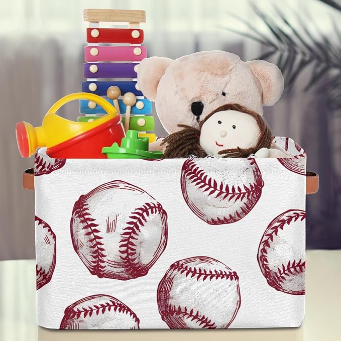Cute Storage Bins for Organization, Canvas Book Storage Bins Handles, Bedroom Shelves Decorative Baskets for Organizing, Fabric Cube Bin Classroom Dorm Closet Organizer Box (Baseball)