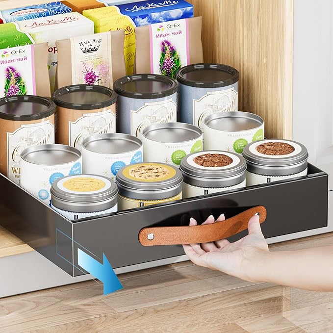 OVICAR Pull Out Cabinet Organizer - Adhesive Slide Out Drawer - 13.8" W x 16.3" D Heavy Duty Sliding Pantry Shelves Storage Drawers with 4pcs Divider Racks for Kitchen Bathroom Home, Black