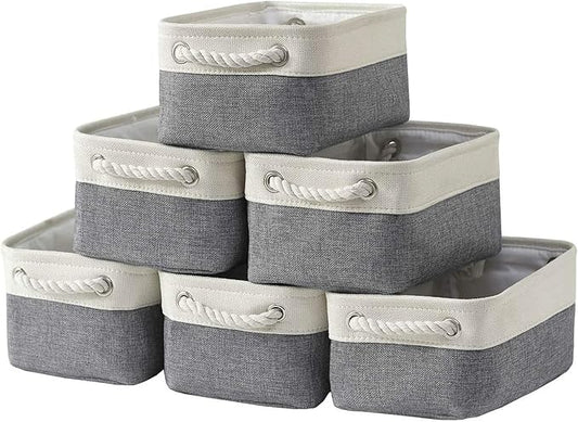 HNZIGE Fabric Storage Baskets for Organizing(6 Pack) Small Baskets for Shelves, Laundry, Nursery, Closets, Decorative Baskets for Gifts Empty (White&Gray, 11.8" x 7.8" x 5.1")