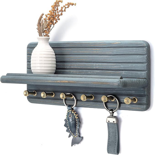 Rebee Vision Pine Wood Key Holder Wall Mount for Home Organization Accent – Wooden Key Holder for Wall with 6 Hooks & Floating Shelf - Elegant Room Decor Aesthetic (Royal Blue)