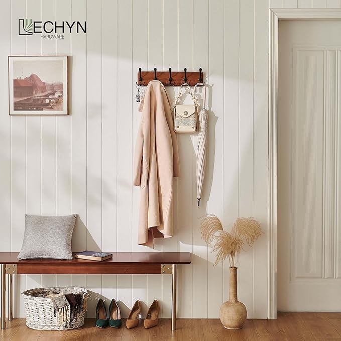 Rustic Wooden Coat Rack Wall Mount with 5 Hooks, Farmhouse Wood Coat Hanger Wall Mount Heavy Duty for Hanging Jacket Coat (Brown)