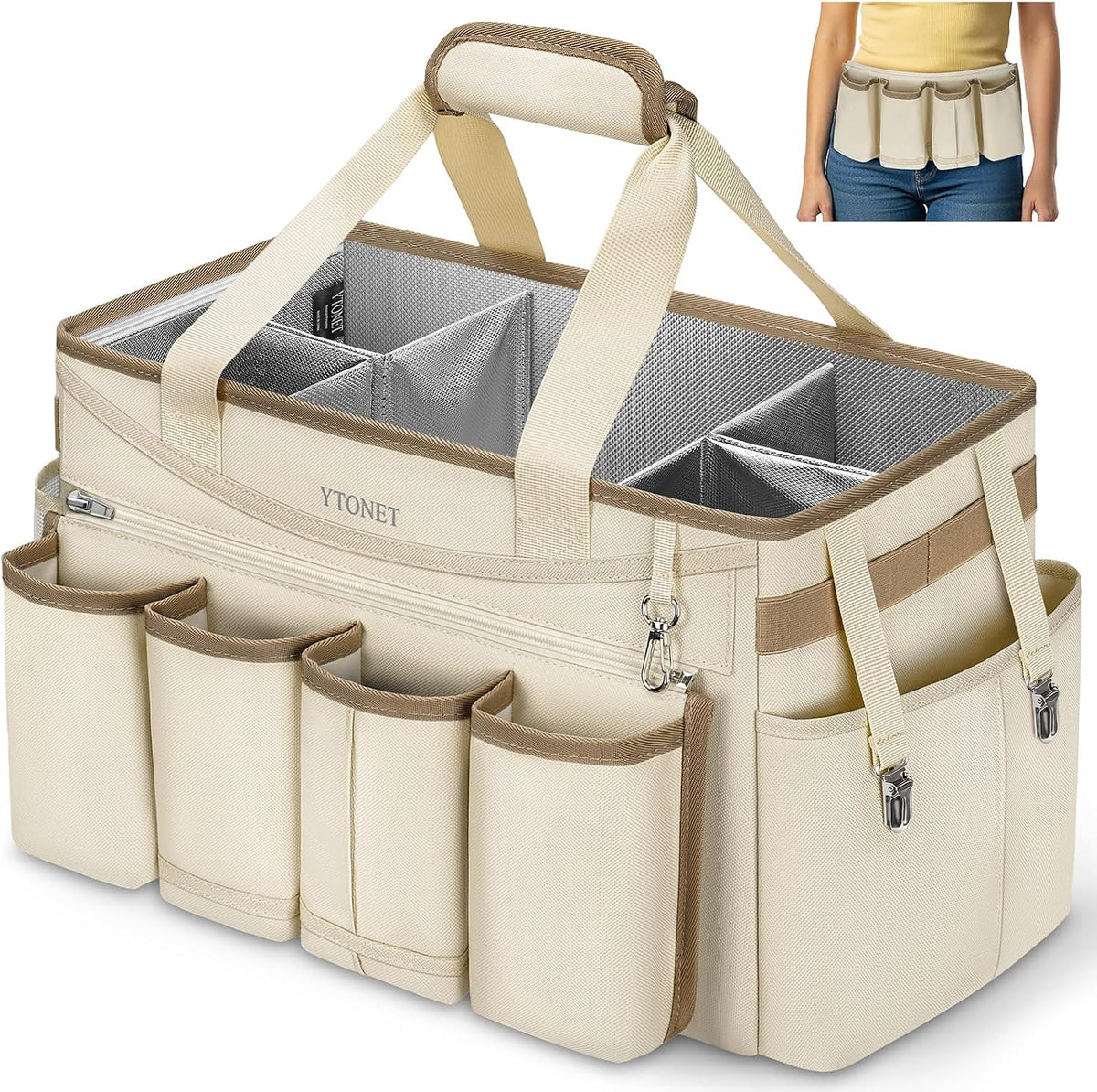 Ytonet Extra Large Cleaning Caddy Bag with Detachable Apron, Cleaning Tote Wearable Cleaning Supplies Organizer, Portable Caddy for Cleaning Products, Car Tool Organizer Bag, Detailing Bag, Apricot