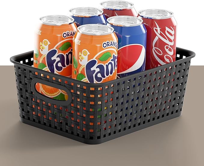 Black Storage Baskets, 12-Pack Stackable Plastic Woven Basket Organizer and Storage, Pantry baskets for Shelves, Cabinets, Classroom, Kitchens, Bathrooms, Countertops and Bedrooms