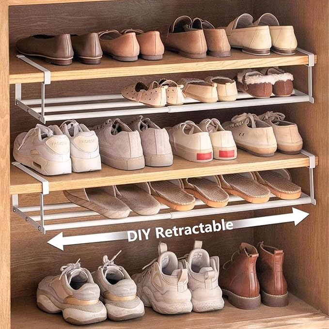 Expandable Hanging Shoe Rack Organizer for Closet, Adjustable Shoe Rack Under Cabinet Shelf, Versatile Under Shelf Storage for Kitchen, Book, Clothing Storage and Organization(White,4PCS)