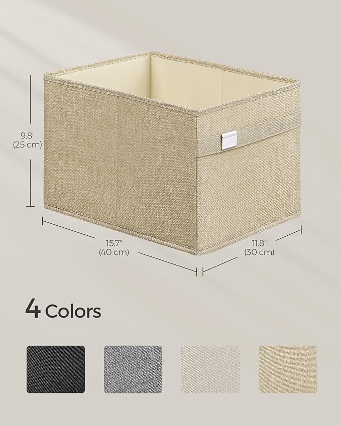 SONGMICS Storage Baskets, Set of 2 Storage Bins, 15.7 x 11.8 x 9.8 Inches, 2 Handles, Oxford Fabric and Linen-Look Fabric, Easy to Clean, Foldable, Metal Label Holders, Summer Sand UROB240Y02