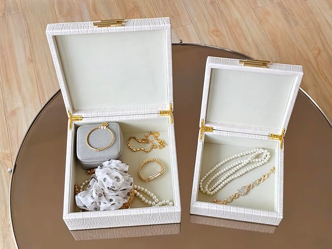 HofferRuffer Square Decorative Boxes, Set of 2 Nesting Storage Memory Keepsake Boxes with Lids, Stylish PU Leather Trinket Jewelry Organizer Box for Home Decor and Storage (CreamWhite Croco)