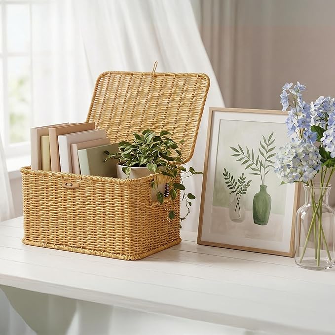 Nonam Wicket Basket with Lid, Large Shelf Baskets for Boho Deco, Plastic Storage Organizer Bins-Stackable Containers Boxes for Home & Office Shelves, Kitchen, Garage and Bathroom Organization, Natural