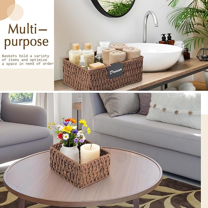 Marsui 6 Pcs Wicker Storage Baskets with Labels Handwoven Paper Rope Multi-size Brown Wicker Storage Bins for Organizing Small Baskets Container for Shelves Closet Pantry Toilet(Brown)
