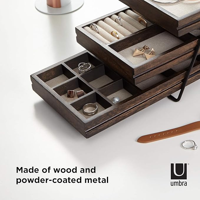 Umbra 1004037-048 Terrace Jewelry Tray â Three-Tier Jewelry Tray With Three Sliding Linen Lined Wood Trays With Metal Frame and Handle, Easy Storage and Access, Black/Walnut Finish