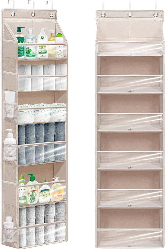 Over Door Organizer with 6 Extra Large Pockets 12 Side Pockets, Sturdy Closet Storage Rack, Hanging Storage Organizer with Clear Window for Shoes, Diapers, Toys, Bedroom, Bathroom, Beige