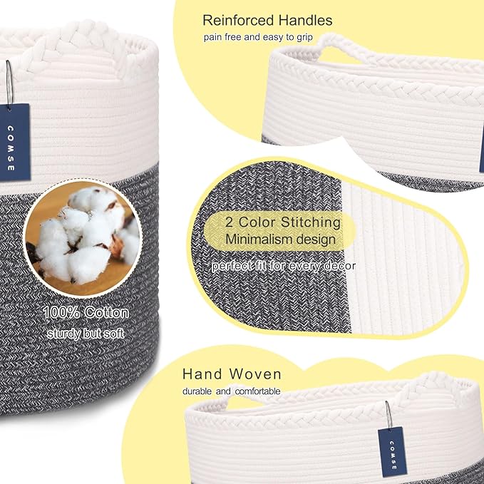 COMSE Extra Large Blanket Basket, Woven Laundry Basket, 21.7âx 13.8â, Nursery Hamper, Cotton Rope Laundry Hamper Living Room for Storage Toys Clothes Towels (White & Black)