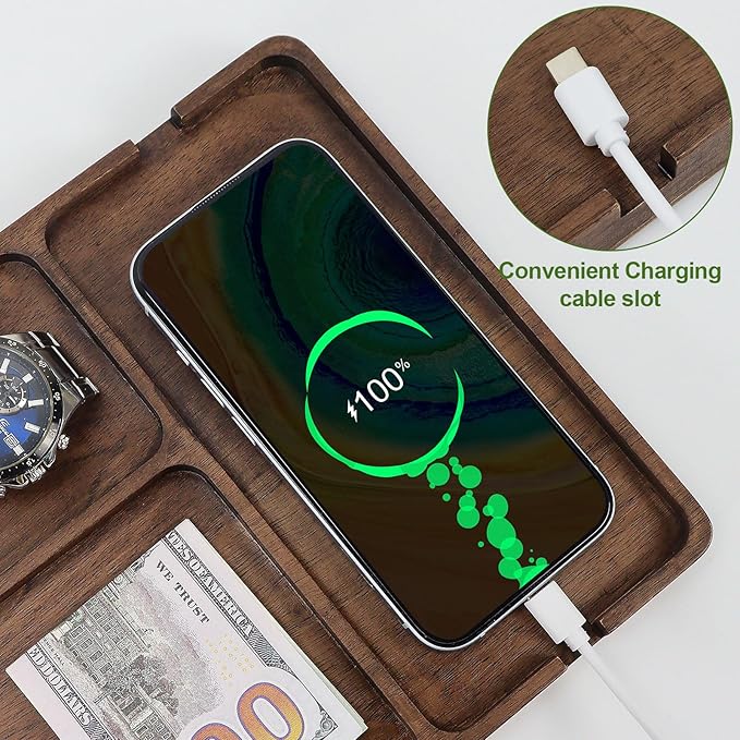 Multibey Walnut Wood Valet Tray - Wooden Nightstand Organizer for Men Women, 4 Slot Desk Drawer Organizer Tray, EDC Catch All Tray with Cable Slot for Phone Watch Wallet Key Jewelry