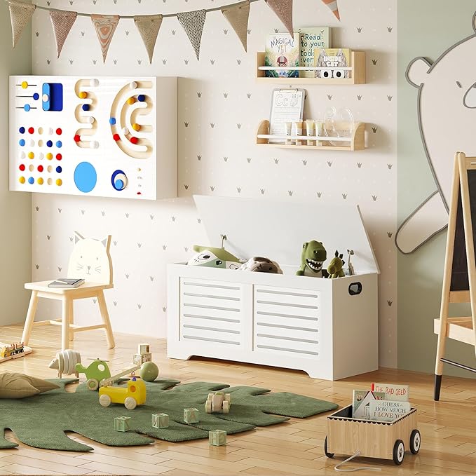 DINZI LVJ Storage Chest, 43.3â Wooden Toy Box with 2 Safety Hinges, Retro Entryway Shoe Storage Bench with Flip-Top, Sturdy Large Storage Trunk for Living Room, Bedroom, Easy Assembly, White