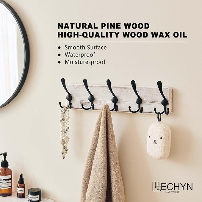 Rustic Wooden Coat Rack Wall Mount with 5 Hooks, Farmhouse Wood Coat Hanger Wall Mount Heavy Duty for Hanging Jacket Coat (White)