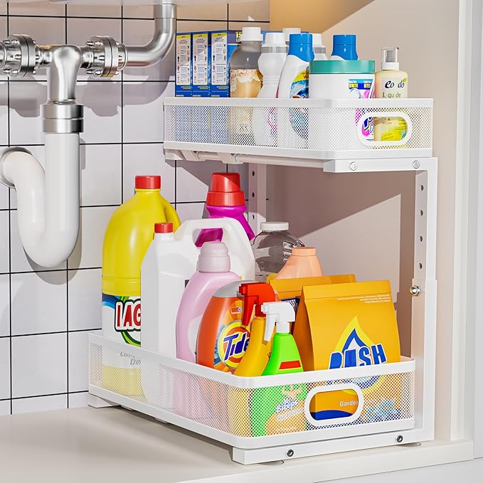 Under Sink Organizer, Height Adjustable 2 Tier Under Sink Organizers and Storage, Slide Out Metal Cabinet Organizers, Pull Out Sink Storage Drawer Shelf for Kitchen Bathroom Cabinet, White, 1 Pack