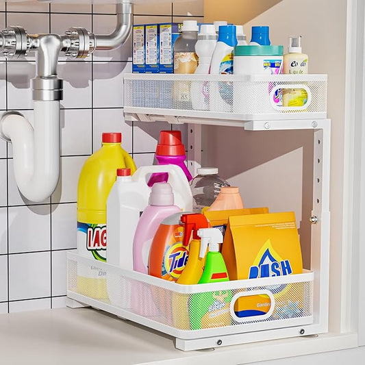 Under Sink Organizer, Height Adjustable 2 Tier Under Sink Organizers and Storage, Slide Out Metal Cabinet Organizers, Pull Out Sink Storage Drawer Shelf for Kitchen Bathroom Cabinet, White, 1 Pack