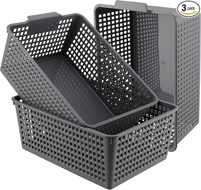 3 Pack Large Plastic Storage Baskets, 14.3 x 10.2 x 5.7 Inch Grey Storage Bins, Stackable Plastic Woven Basket Organizer Tray for Pantry Organization