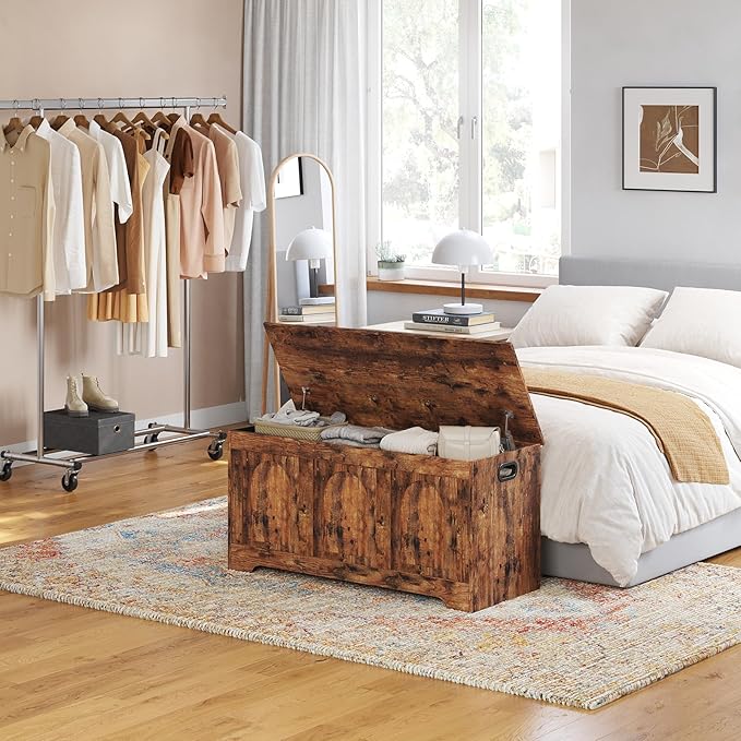 DINZI LVJ Storage Chest, 39.4â Wooden Toy Box with 2 Safety Hinges, Entryway Shoe Bench with Flip-Top, Sturdy Large Storage Trunk for Living Room, Bedroom, Playroom, Easy Assembly, Rustic Brown