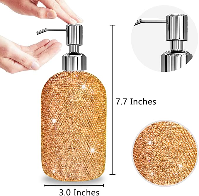 SlowVibes 18Oz Bling Gold Soap Dispenser with Rust Proof Stainless Steel Pump,Refillable Liquid Hand Wash Bottle for Bathroom Kitchen,Sparkle Decorative Shower Dispenser,Rhinestone Lotion Dispenser