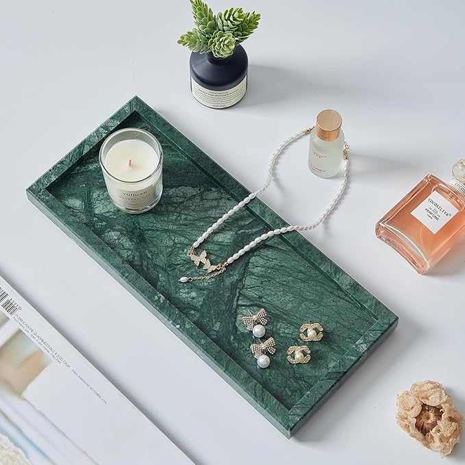 Natural Small Marble Vanity Tray, Luxury Stone Organizer for Bathroom & Kitchen | Holds Soap Dispenser, Jewelry, Perfume | Non-Resin, Non-Ceramic Décor (Green, M (11.8" x 5.1" x 0.78"))