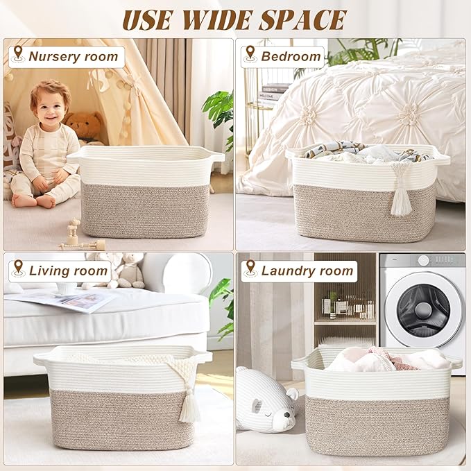 Large Blanket Basket, 100L Storage Baskets for Organizing, Woven Laundry Basket for Blankets, Cotton rope Blanket Storage for Living Room, Nursery Room, 24.8" L x 15.74" W x 15.74" H, Brown